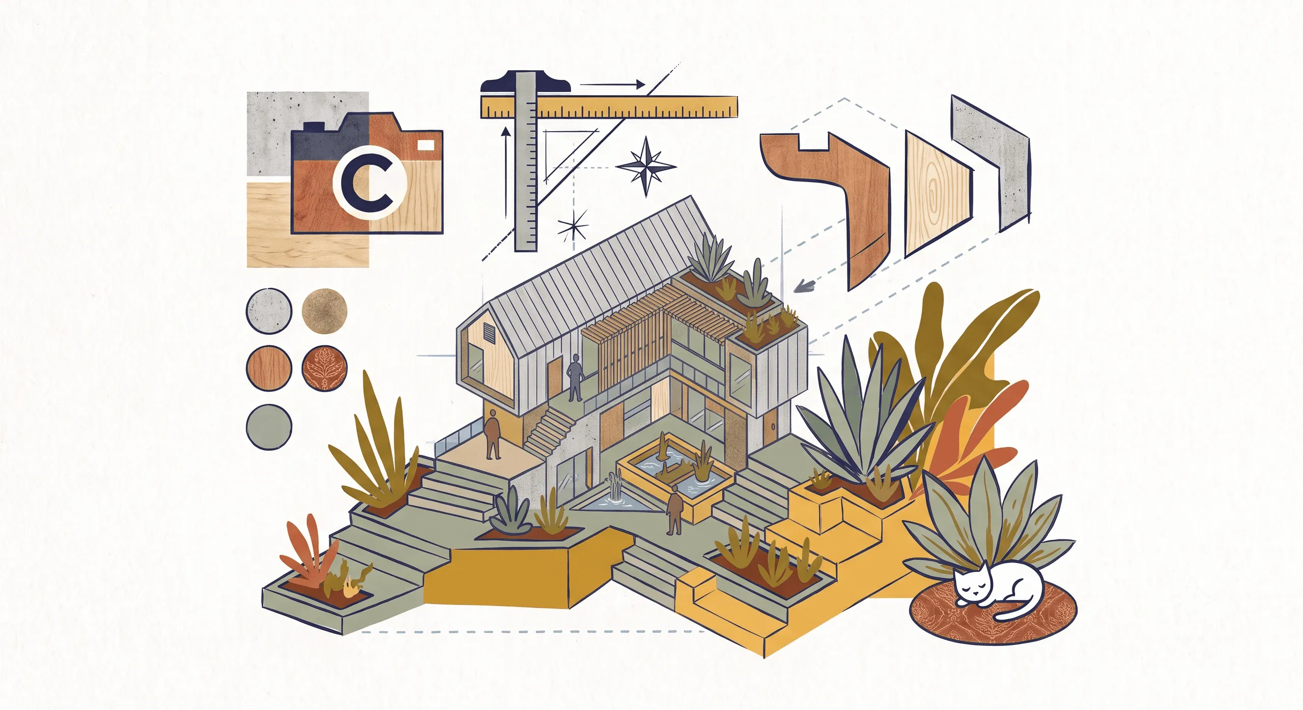 Illustrated collage of studio life — a house taking shape between planters and steps, material swatches, drawing tools, a camera, and a cat asleep on a rug.